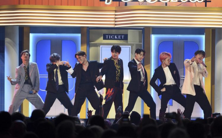 BTS performs "Boy With Luv" at the Billboard Music Awards in Las Vegas in May 2019. 