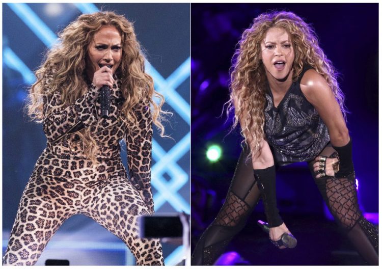 This combination photo shows actress-singer Jennifer Lopez performing at the Directv Super Saturday Night in Minneapolis on Feb. 3, 2018, left, and Shakira performing at Madison Square Garden in New York on Aug. 10, 2018. 