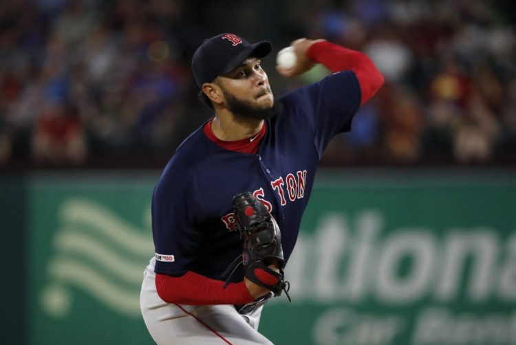 Boston Red Sox starting pitcher Eduardo Rodriguez throws to the Texas Rangers in the first inning of Tuesday's game in Arlington, Texas.