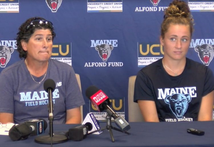 University of Maine field hockey Coach Josette Babineau, left, and senior Riley Field discuss the team's aborted game at Kent State during a media conference in Orono on Monday.