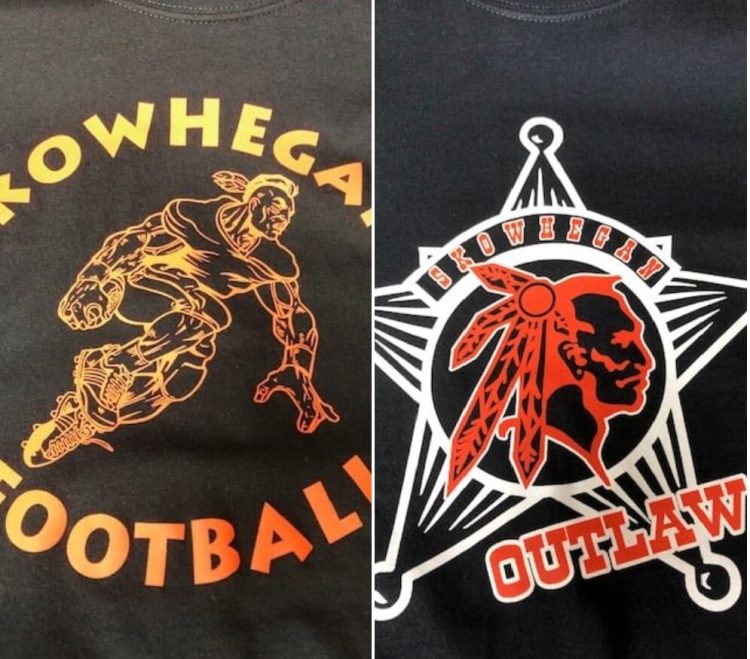 Maine Fire Equipment Co. of Skowhegan posted these images on Facebook of apparel it is selling depicting the "Indians" nickname for local sports teams, which the school has since retired after years of debate. 