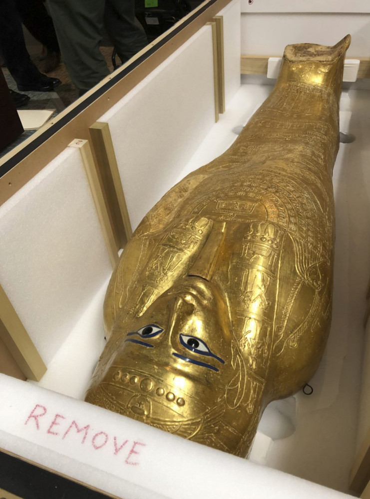 The Coffin of Nedjemankh is shown in a crate on Wednesday  in New York before it was returned to Egypt. 
