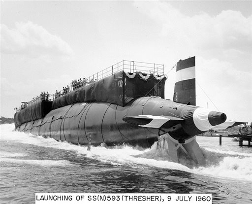 The nuclear-powered submarine USS Thresher is launched at the Portsmouth Naval Shipyard in Kittery in July 1960.