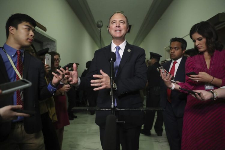Chairman Rep. Adam Schiff, D-Calif., talks to the media after Acting Director of National Intelligence Joseph Maguire testified before the House Intelligence Committee on Capitol Hill on Thursday.