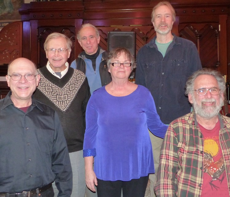 The Beet Poets will perform at 6:30 p.m. Sept. 24 at the Bailey Library in Winthrop. From left are David Moreau, Steve Cowperthwaite, Jay Franzel, Claire Hersom, Brian Kavanah and Stan Davis. Cowperthwaite is not performing at this event.