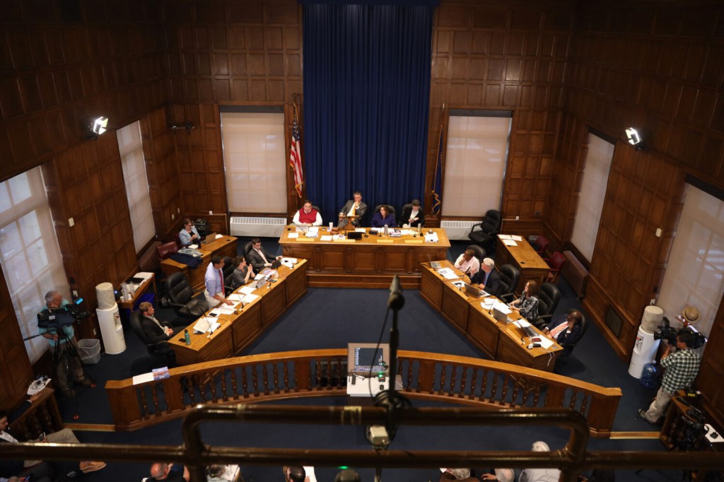 PORTLAND, ME: Mayor Ethan Strimling, center, and City Manager Jon Jennings, center left, at a Portland City Council meeting on Monday, June 17, 2019. (Staff photo by Brianna Soukup/Staff Photographer)