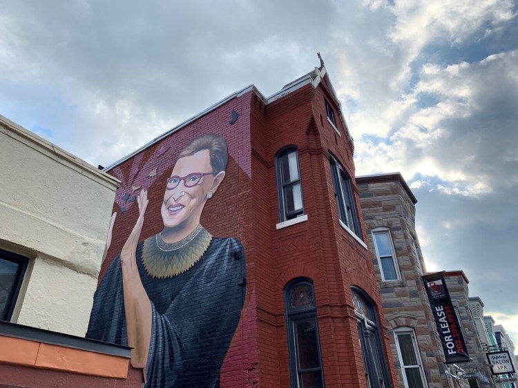 A mural of Supreme Court Justice Ruth Bader Ginsburg, painted by Rose Jaffe, is at 15th and U streets in Washington, D.C. 