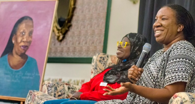Tarana Burke, founder of Me Too and Girls for Gender Equity, right, speaks during a question-and-answer session Wednesday with Samaa Abdurraqib, from the Maine Center to End Domestic Violence, during the Maine Women's Summit on Economic Security at the Augusta Civic Center.