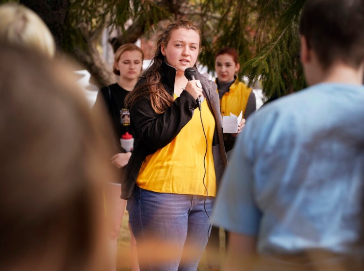 Aela Mansmann speaks to a gathering of Cape Elizabeth High students who walked out of the school in October 2019 to protest a suspension given to Mansmann and two other girls. 