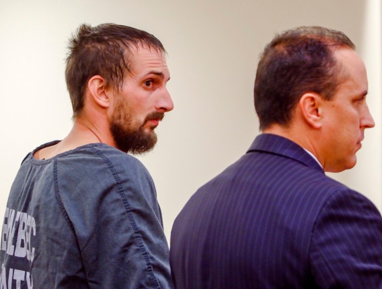 Nicholas Lovejoy, left, stands with his attorney, Darrick Banda, during an initial appearance on murder charges on Oct. 25, 2019, at Capital Judicial Center in Augusta. Lovejoy is charged with killing his girlfriend, Melissa Sousa, at their Waterville apartment.