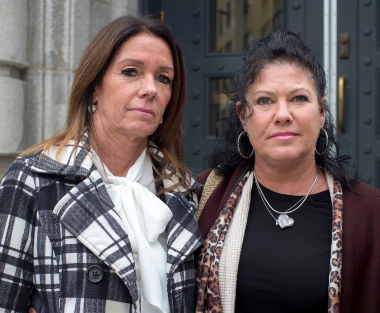 Susan Johnson, left, mother of Derrick Thompson, and Jocelyne Welch, mother of Alivia Welch, outside of the federal courthouse in Portland in 2019 after a hearing in their wrongful death suit against the city of Biddeford.