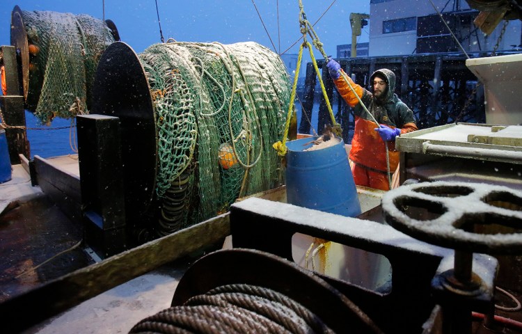 Shawn Keppler guides a bucket of cod out of the hold of the Jamie & Ashley at the Portland Fish Pier in January, 2014.