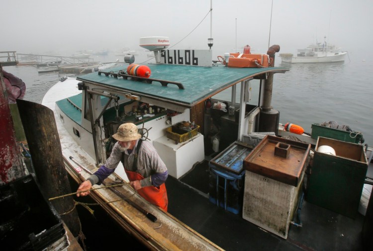 Bob Williams ties up at the bait shed at Greenhead Lobster in Stonington in early September 2016. Maine's top fisheries regulator said lobster landings this year are running about 38 percent behind hauls of recent years.