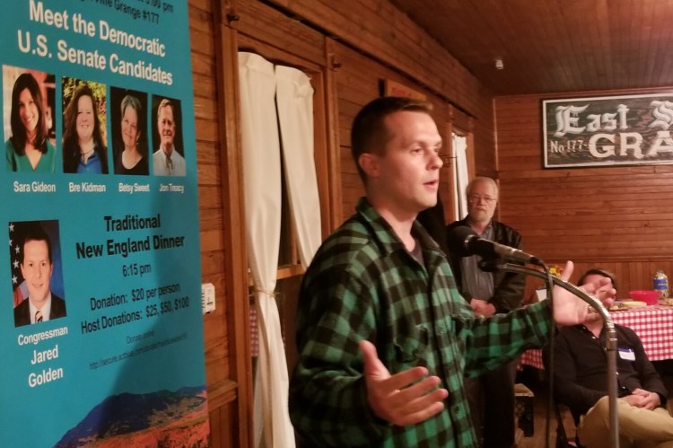 U.S. Rep. Jared Golden addressed Democrats at the Piscataquis County Democratic Committee's annual fundraising dinner at the East Sangerville Grange Hall.