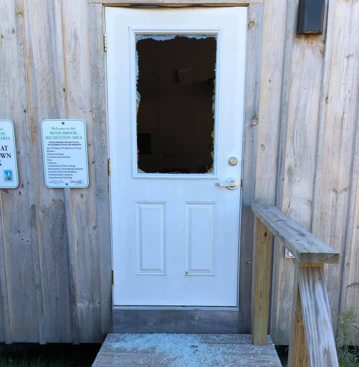 A door at the warming shelter at the Bond Brook Recreation Area had its window smashed out last week, according to Community Services Director Leif Dahlin.