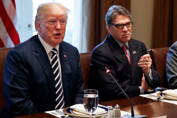 President Trump speaks during a working lunch with Saudi Crown Prince Mohammed bin Salman in the Cabinet Room of the White House with Energy Secretary Rick Perry. Long after more flamboyant Cabinet colleagues fell out of Trump’s favor amid ethics scandals, low-profile Perry, the folksy former Texas governor, survived in part by steering clear of controversy as energy secretary.