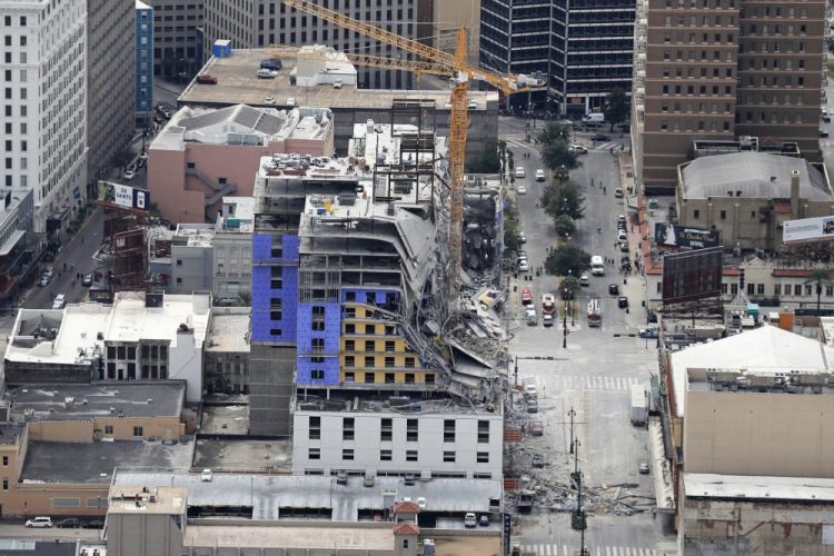 This aerial photo shows the Hard Rock Hotel, which was under construction, after a fatal partial collapse in New Orleans on Saturday.