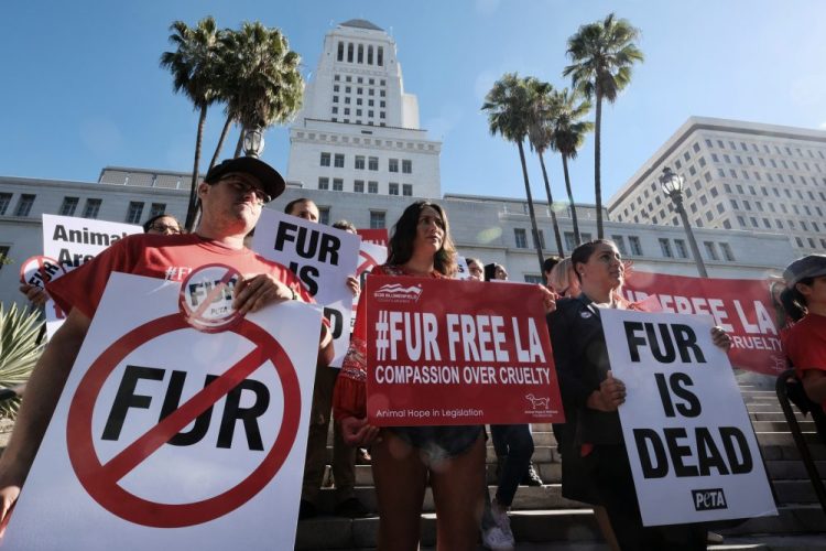 Protesters with the People for the Ethical Treatment of Animals advocate a ban on fur sales last year in Los Angeles. Under the new California law there is a fine of up to $1,000 for multiple violations.