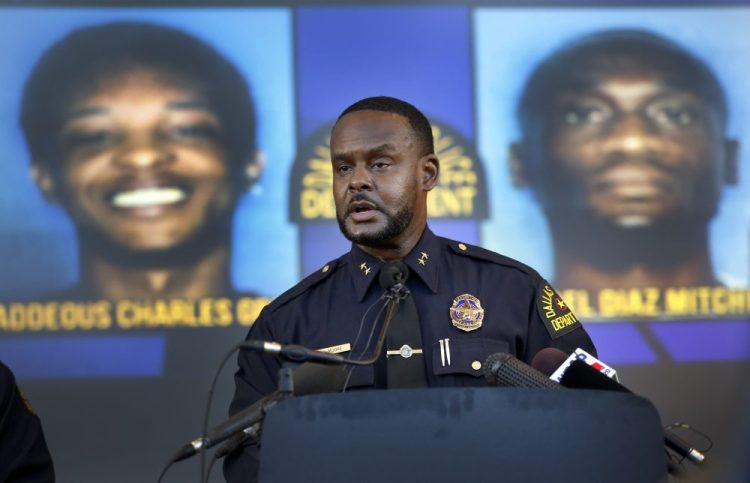 Dallas Assistant Chief of Police Avery Moore addresses the media about a drug deal gone bad resulting in the death of Joshua Brown, on Tuesday. Jacquerious Mitchell is in custody and police are still looking for suspects Thaddeous Green and Michael Mitchell. Brown, who was a neighbor of Botham Jean at the South Side Flats, was also a character witness in the Amber Guyger trial. 