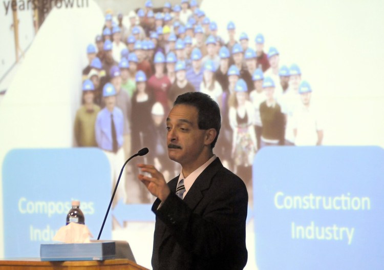 University of Maine engineering professor Habib Dagher discusses the prospect for offshore wind  during an address to the University of Maine at Augusta in 2019.