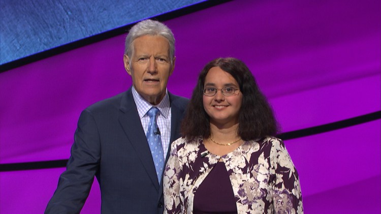 Jessica Garsed, of Augusta, with Jeopardy! host Alex Trebek.