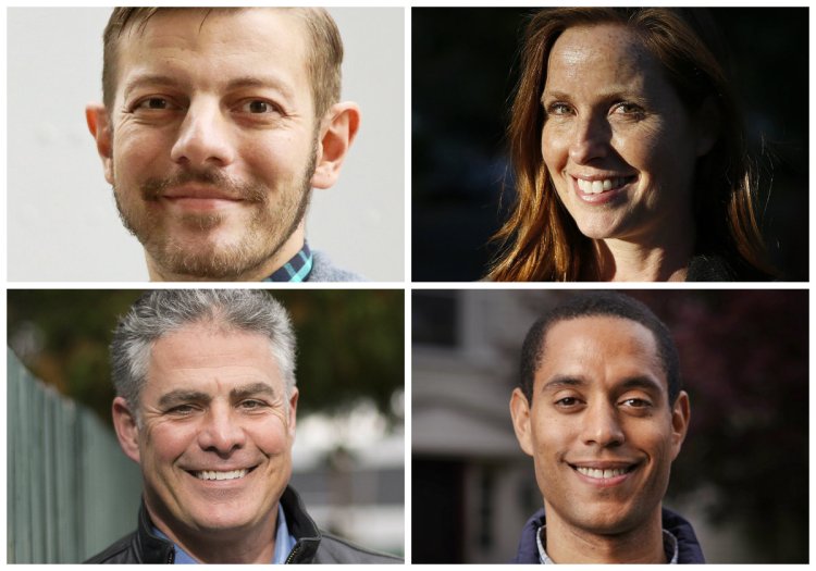 Clockwise from top left, Travis Curran, Kate Snyder, Spencer Thibodeau and Ethan Strimling are the candidates in the race for Portland mayor.