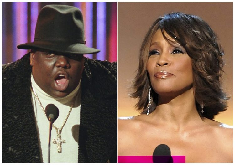 This combination photo shows Notorious B.I.G., who won rap artist and rap single of the year, during the annual Billboard Music Awards in New York on Dec. 6, 1995, left, and singer Whitney Houston at the BET Honors in Washington on Jan. 17, 2009. 