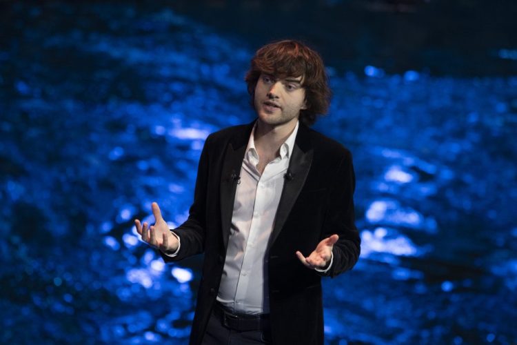 Young Dutch inventor Boyan Slat presents his plans for the Interceptor, a plastic-gathering floating device, Saturday during a presentation in Rotterdam, Netherland.
