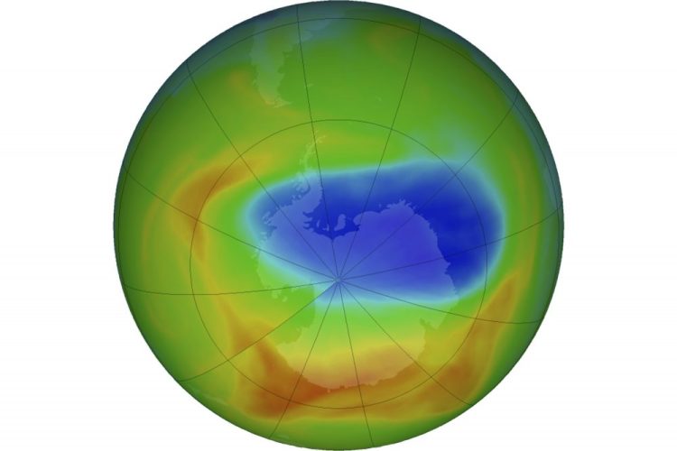 A map of a hole in the ozone layer over Antarctica on Sunday. The purple and blue colors indicate the least amount of ozone, and the yellows and reds show the most. In October 2019, NASA says the ozone hole near the south pole this year is the smallest since it was discovered. 