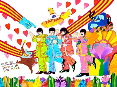 A painting by Ron Campbell based on the film "Yellow Submarine," which he worked on. 