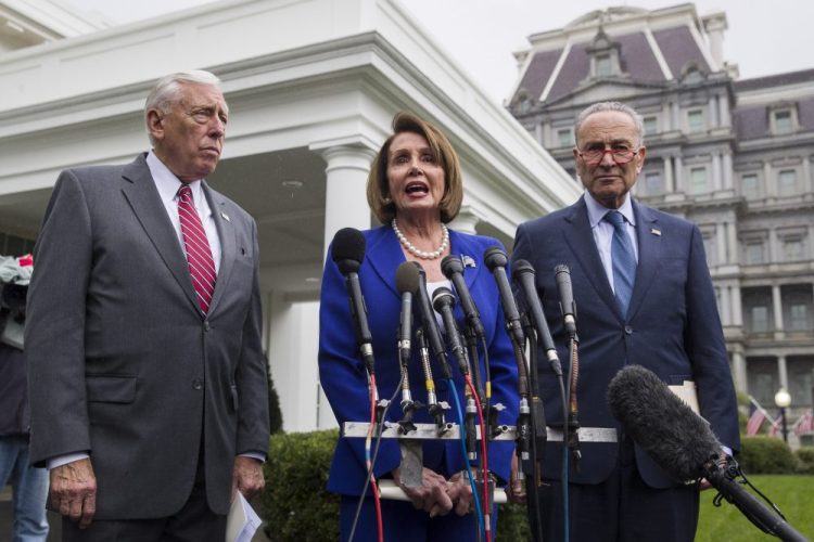 House Majority Leader Steny Hoyer of Maryland, left, House Speaker Nancy Pelosi of California, and Senate Minority Leader Chuck Schumer of New York speak with reporters Wednesday after a meeting with President Trump at the White House in Washington. 
