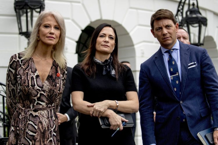 Counselor to the President Kellyanne Conway, White House press secretary Stephanie Grisham, and Deputy White House press secretary Hogan Gidley at the White House on Oct. 3.