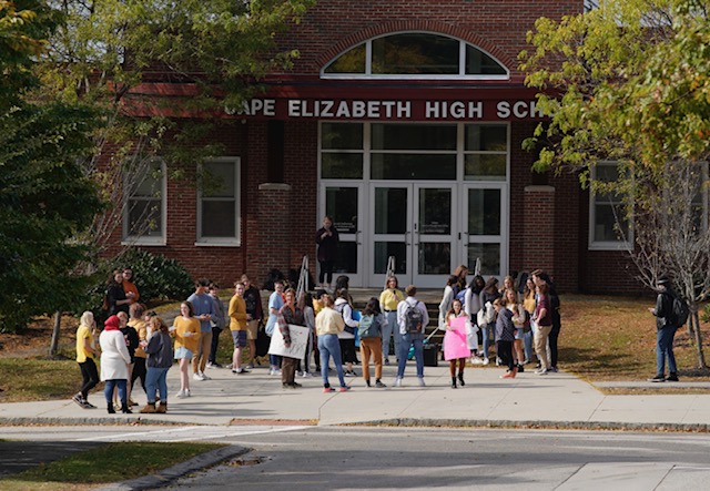 A group of students staged a walkout at Cape Elizabeth High School on Monday over the suspension of three students who posted notes calling out what they said was sexual abuse at the school.