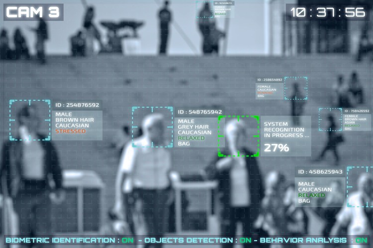 Illustration of a CCTV camera screen with facial recognition. 