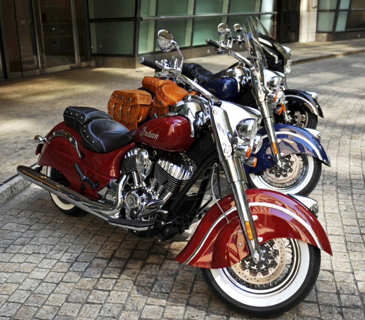 Indian Chief motorcycles are displayed in 2013 in New York.