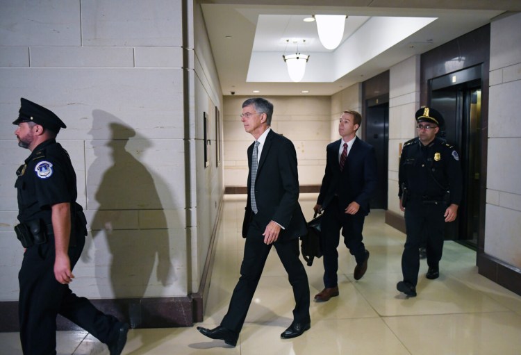 United States diplomat William Taylor arrives before testifying for the impeachment inquiry at the United States Capitol on Tuesday.