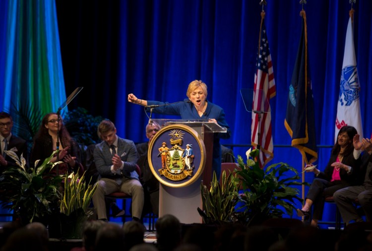 Janet Mills addresses the crowd after being sworn in as the 75th governor of Maine during her inauguration at the Augusta Civic Center on Jan. 2, 2019. 