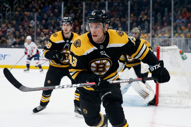 Charlie Coyle, right, is facing his former team, the Minnesota Wild on Saturday night. Coyle has the versatility to play both center and wing for the Bruins.