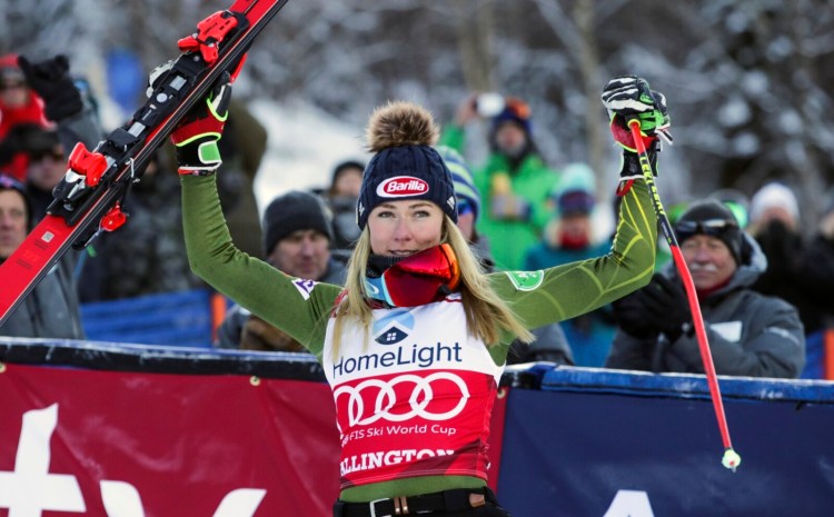 Mikaela Shiffrin celebrates a third-place in giant slalom, in Killington, Vt. on Saturday.