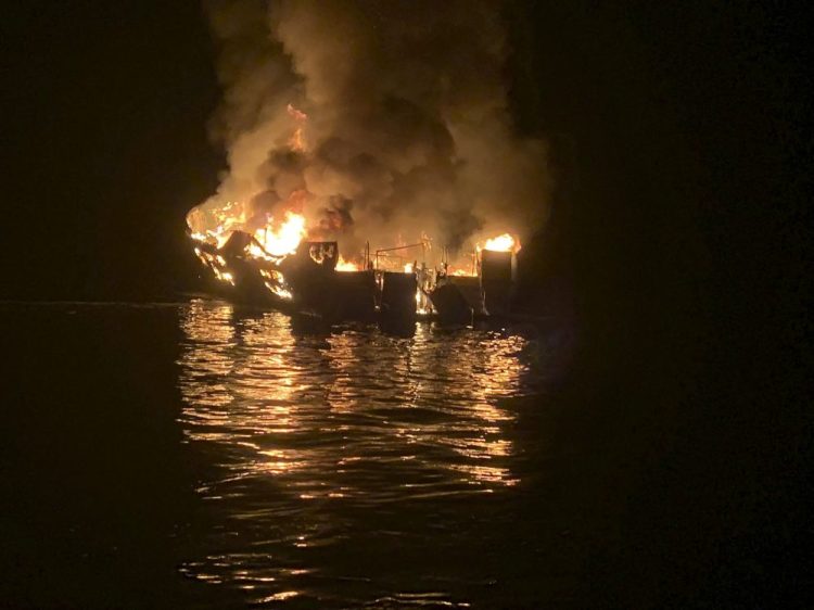In this Sept. 2, 2019 file photo provided by the Santa Barbara County Fire Department, a dive boat is engulfed in flames off the Southern California Coast. 