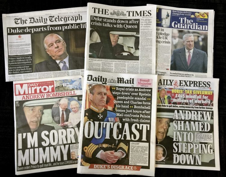 A combination photo of the front-pages of British newspapers on Thursday Nov. 21, 2019 headlining the scandal surrounding Britain's Prince Andrew. 