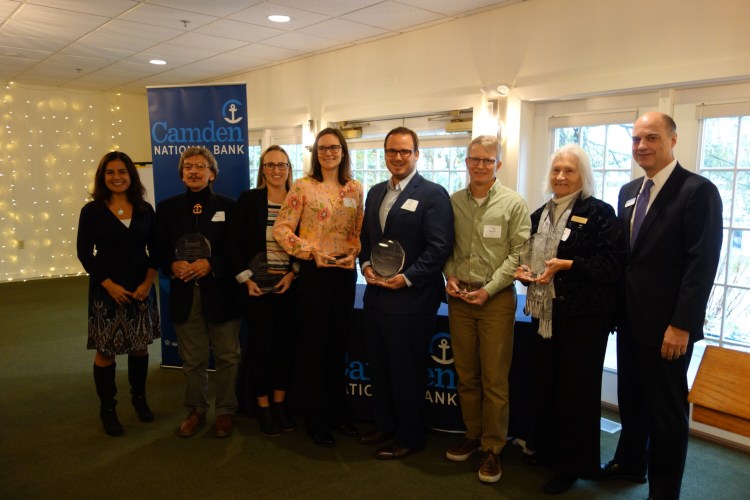 Camden National Bank recently awarded $22,000 to six Maine nonprofits on behalf of 2019 Leaders & Luminaries Award Winners. From left are Renee Smyth, chief marketing and experience officer, Camden National Bank; Clayton Cleaves, Four Directions Development Corporation; Katie Shorey, Startup Maine; Lydia MacDonald, Island Community Center; John Manganello, Boots2Roots; Barrett Brown, Midcoast Recreation Center; Virginia Marriner (on behalf of Katie Feliciano), Literacy Volunteers of Greater Augusta; and Greg Dufour, president and CEO, Camden National Bank.