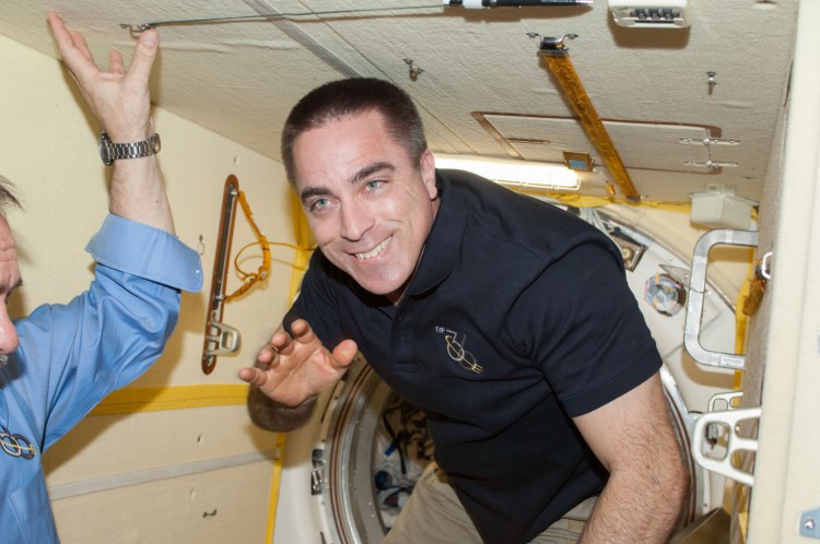 NASA astronaut Chris Cassidy, Expedition 36 flight engineer, waves good-bye to his crewmates in the Poisk Mini-Research Module 2 (MRM2) of the International Space Station in 2013 as Cassidy he prepares to depart from the station and return to Earth. Cassidy, a York native, heads back to the space station Thursday.