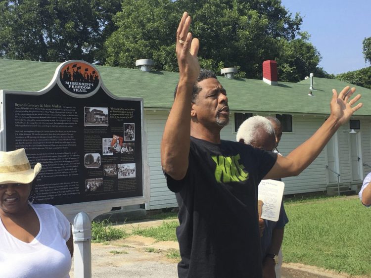 The Rev. Willie Williams of Raleigh United Methodist Church in Sumner, Miss., prays during the rededication of the Emmett Till marker on the Mississippi Freedom Trail at Money in 2017.
