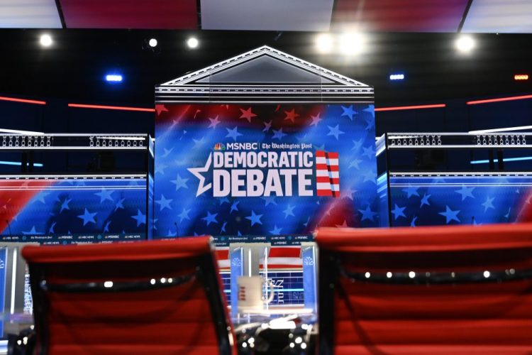 The stage for the Nov. 21 Democratic presidential primary debate is pictured. A labor dispute at the hosting college campus may lead to the cancellation of Thursday's scheduled debate.