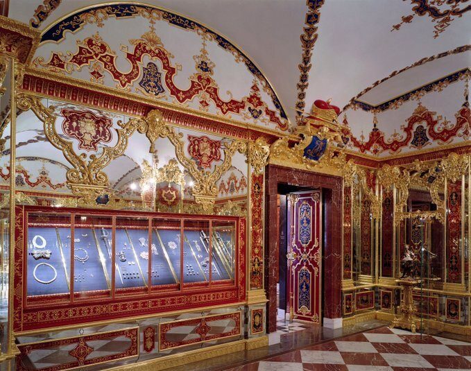 This undated photo provide by the State Art Collection in Dresden on Monday, Nov. 25, 2019, shows the Jewellery Room of the Green Vault with the display cases, left, showing the part of the collection that was affected by the robbery early Monday.