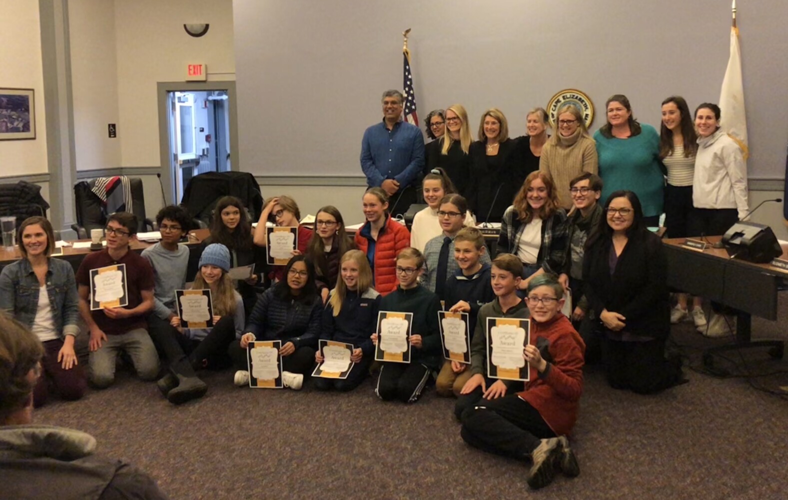 Cape Elizabeth Middle School and High School students and the school board celebrate the students' acceptance into this year's honors festivals.