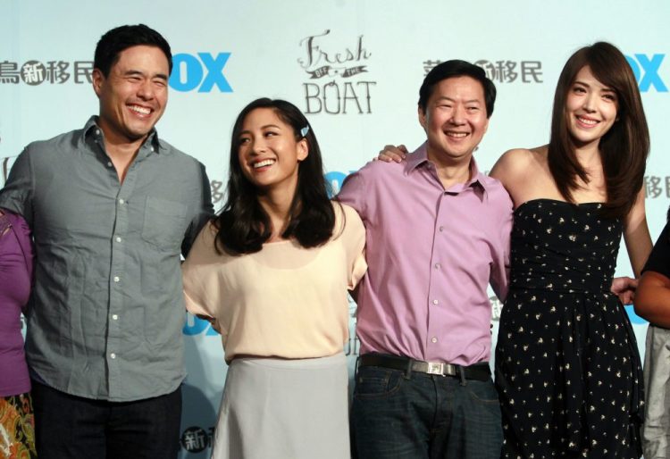 In this Aug. 5, 2016 file photo, Randall Park, from left, Constance Wu, Ken Jeong and Ann Hsu pose for photographers during a media event announcing their comedy series "Fresh off the Boat" in Taipei, Taiwan. 