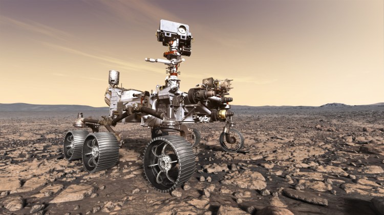 An artist's rendition of NASA's Mars 2020 rover studying its surroundings. The rover will be armed with a wide array of tools for examining minerals.  Lasers and spectrometers will map out the composition of rocks at an elemental level.