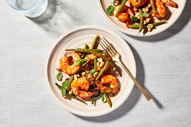 Thai Seasoned Roasted Shrimp with Green Beans, Chile, Peanuts and Herbs. 